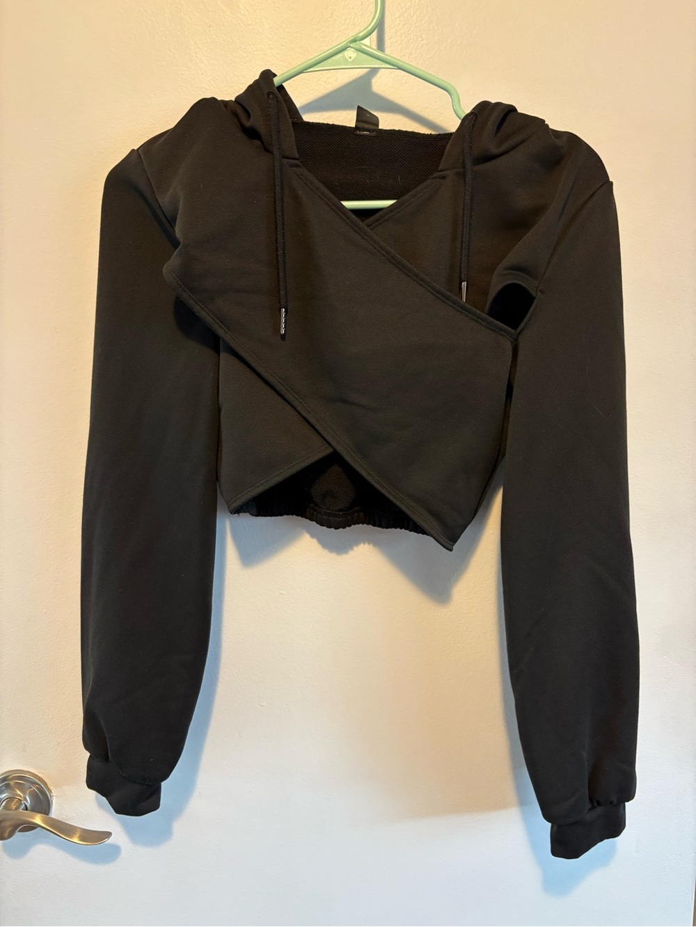 SHEIN Black Cropped Hooded Wrap Sweatshirt